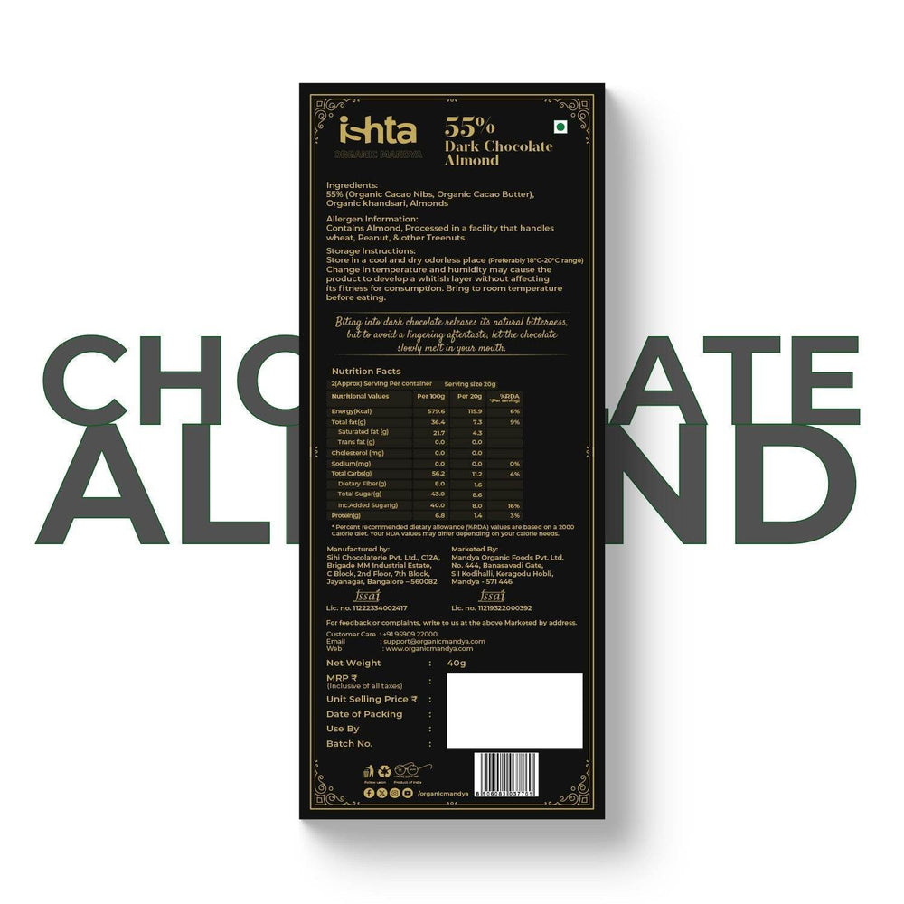 55% Dark chocolate with Almonds (40g) 55% Dark chocolate with Almonds (40g) - Organic Mandya