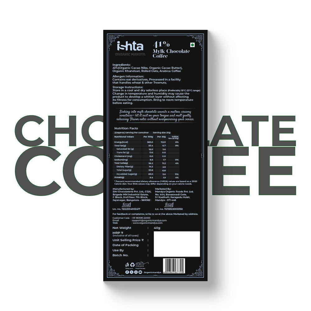 41% Mylk Chocolate with coffee (40g) 41% Mylk Chocolate with coffee (40g) - Organic Mandya