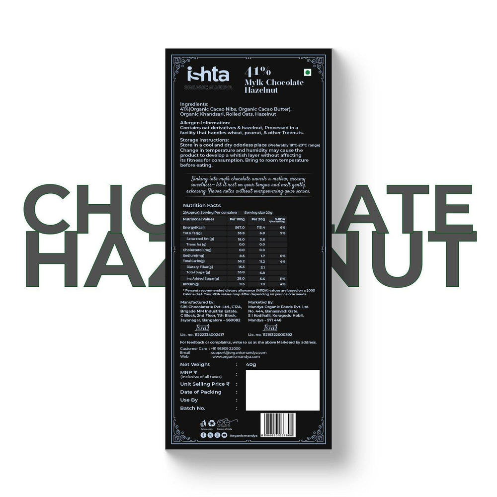 41% Mylk Chocolate with Hazelnut (40g) 41% Mylk Chocolate with Hazelnut (40g) - Organic Mandya