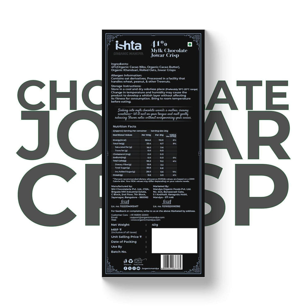 41% Mylk Chocolate with Jowar crisp (40g) 41% Mylk Chocolate with Jowar crisp (40g) - Organic Mandya