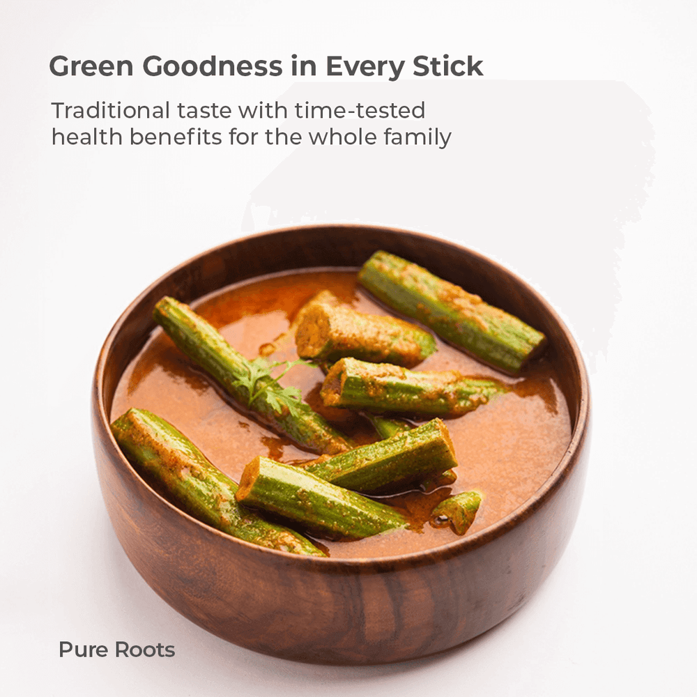 Organic Drumstick Bowl of green drumstick curry with text about health benefits.