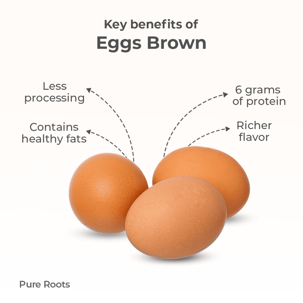 Eggs - Brown Only For (Bengaluru) Three brown eggs with text listing key benefits on a white background