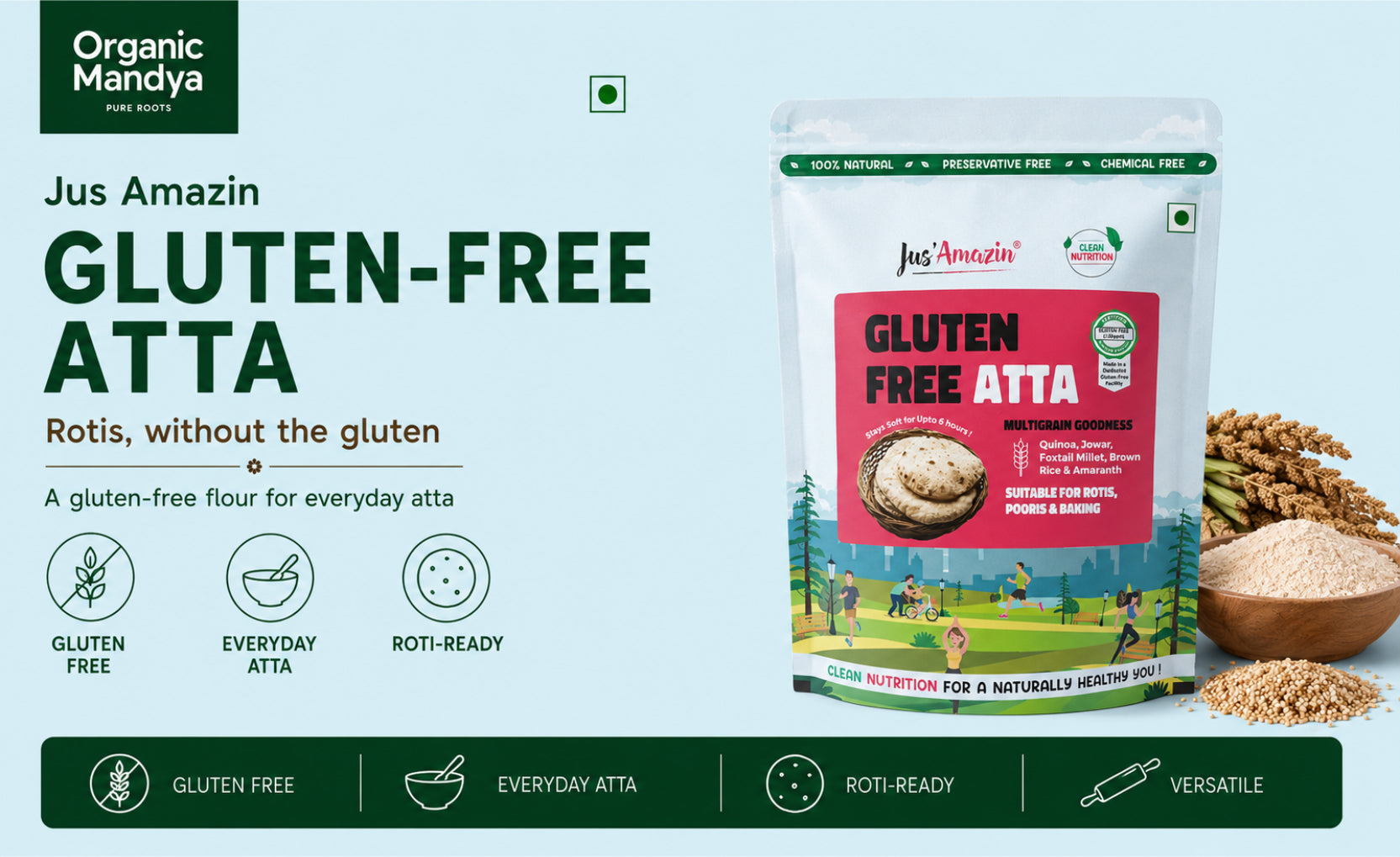Gluten Free Atta 1kg by Jus Amazin | Healthy Gluten Free Flour gluten free healthy atta