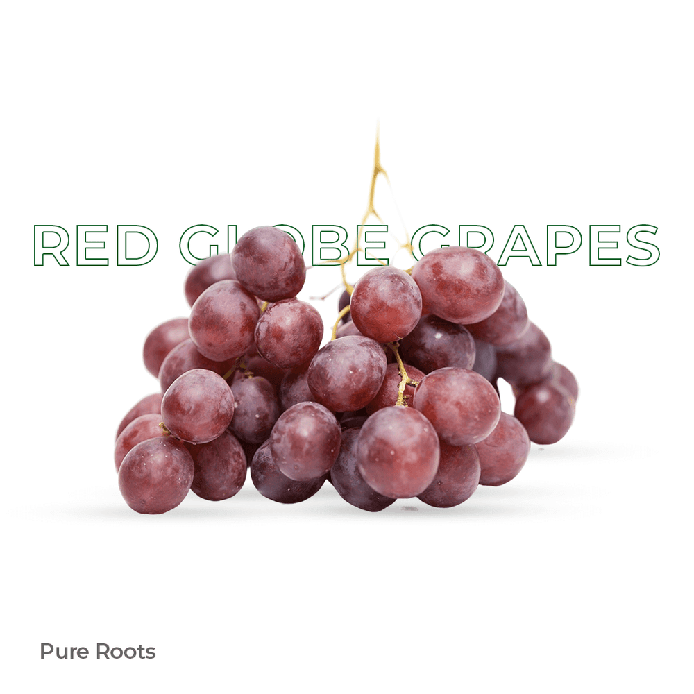 Organic Red Globe Grapes Bunch of red grapes with 'Red Globe Grapes' text on a white background