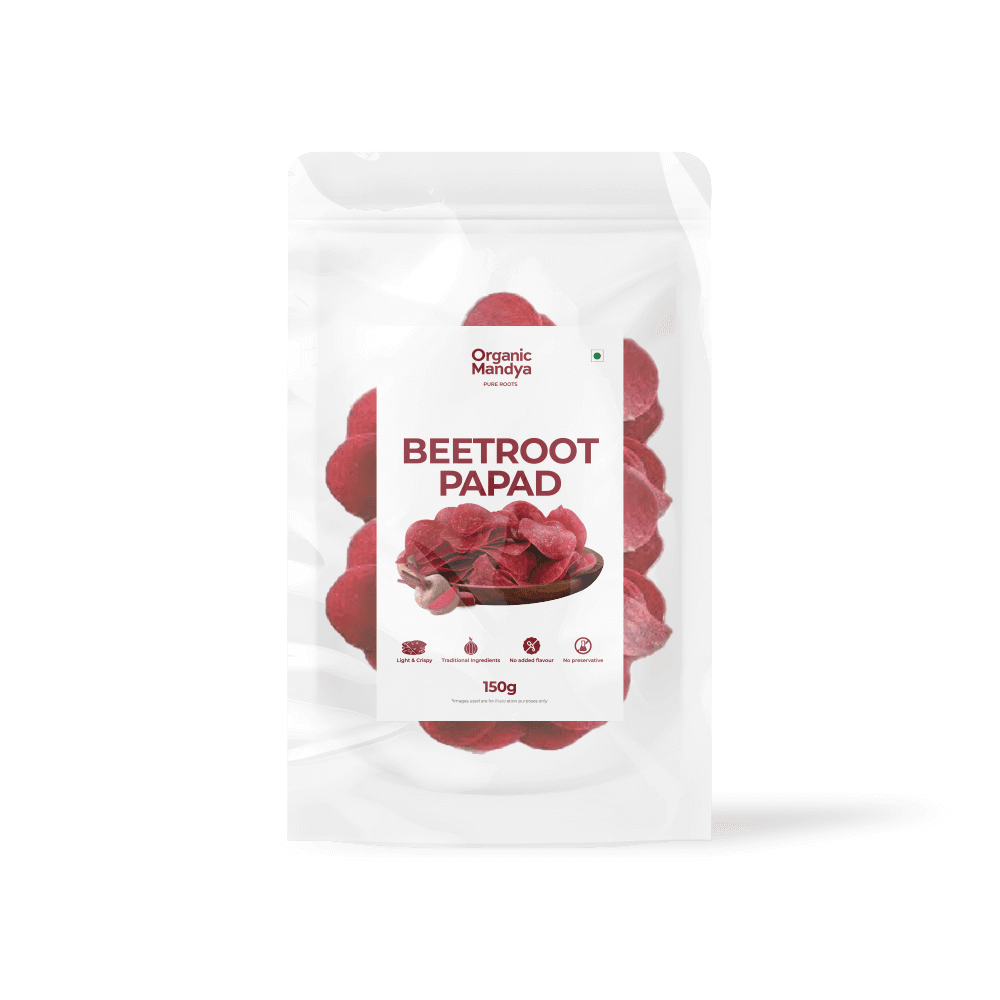 Beetroot papad package with 'Organic Mandya' branding