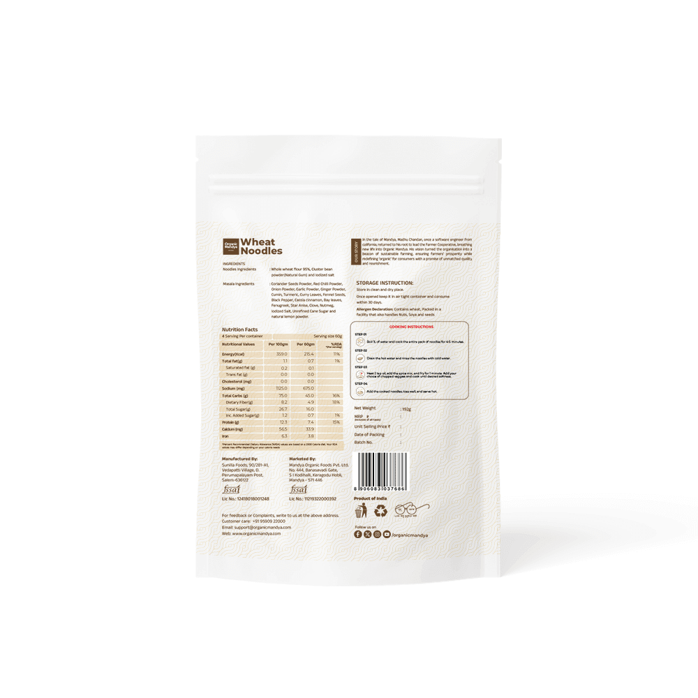 Wheat Noodles Back view of a wheat noodles packaging with text and nutrition facts on a white background