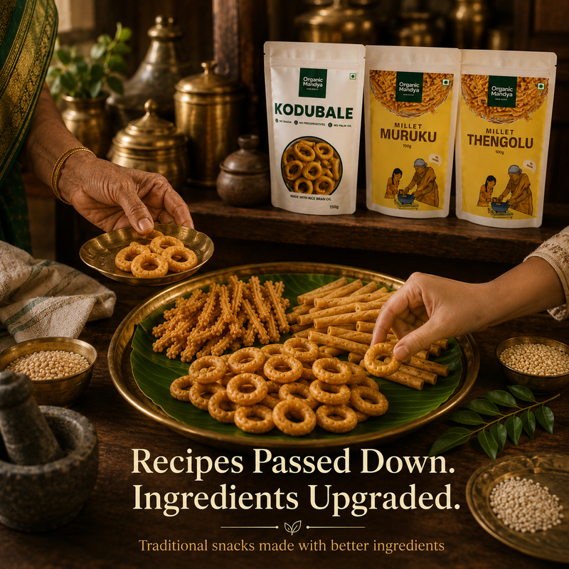 Organic Mandya  Traditional Snacks Combo – Millet Murukku, Millet Thenkuzhal & Kodbale