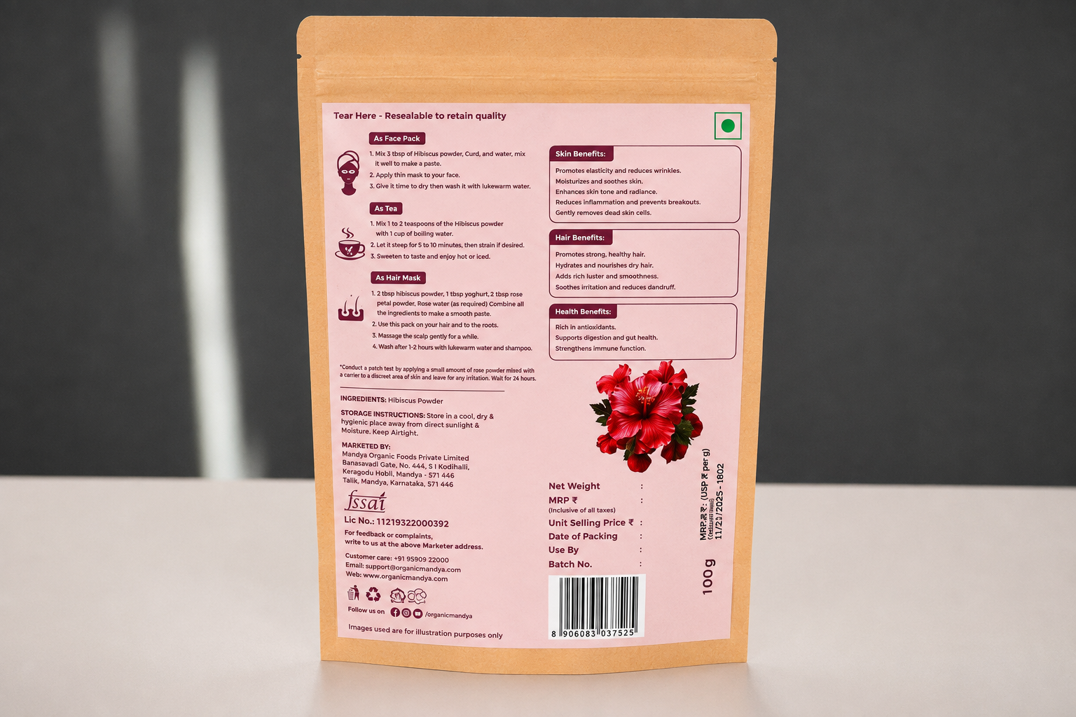 Hibiscus Petal Powder | For Hair, Skin & Herbal Tea (100g Pouch)