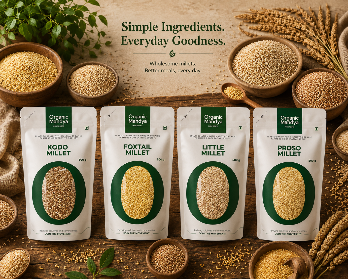 Organic Mandya  Healthy Millets Combo – Kodo Millet, Foxtail Millet, Little Millet & Proso Millet