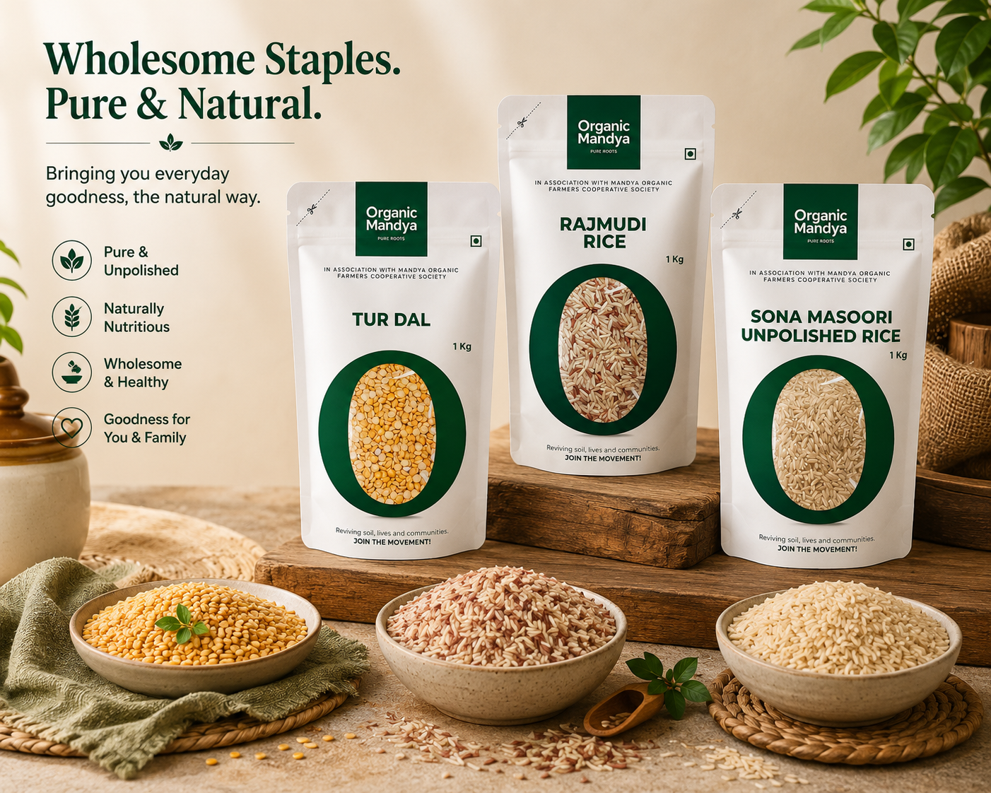 Organic Mandya Healthy Meal Combo – Sonamasuri Unpolished Rice, Rajamudi Rice & Toor Dal