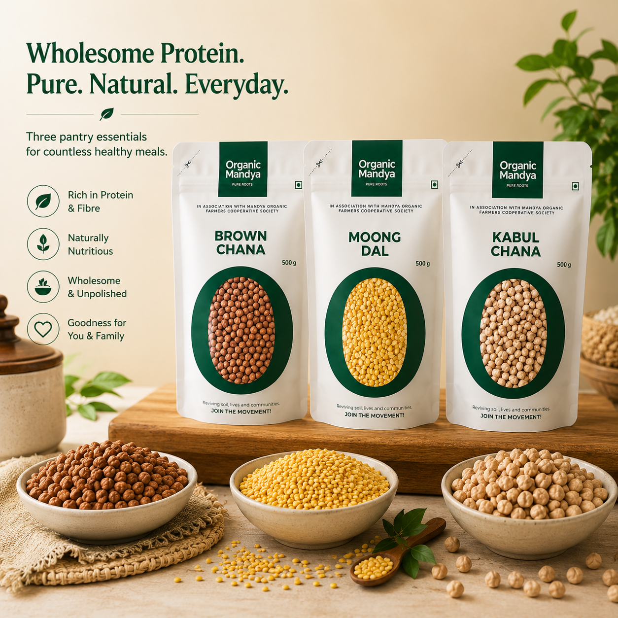 Organic Mandya  Protein Pulses Combo – Brown Chana, Moong Dal & Kabuli Chana