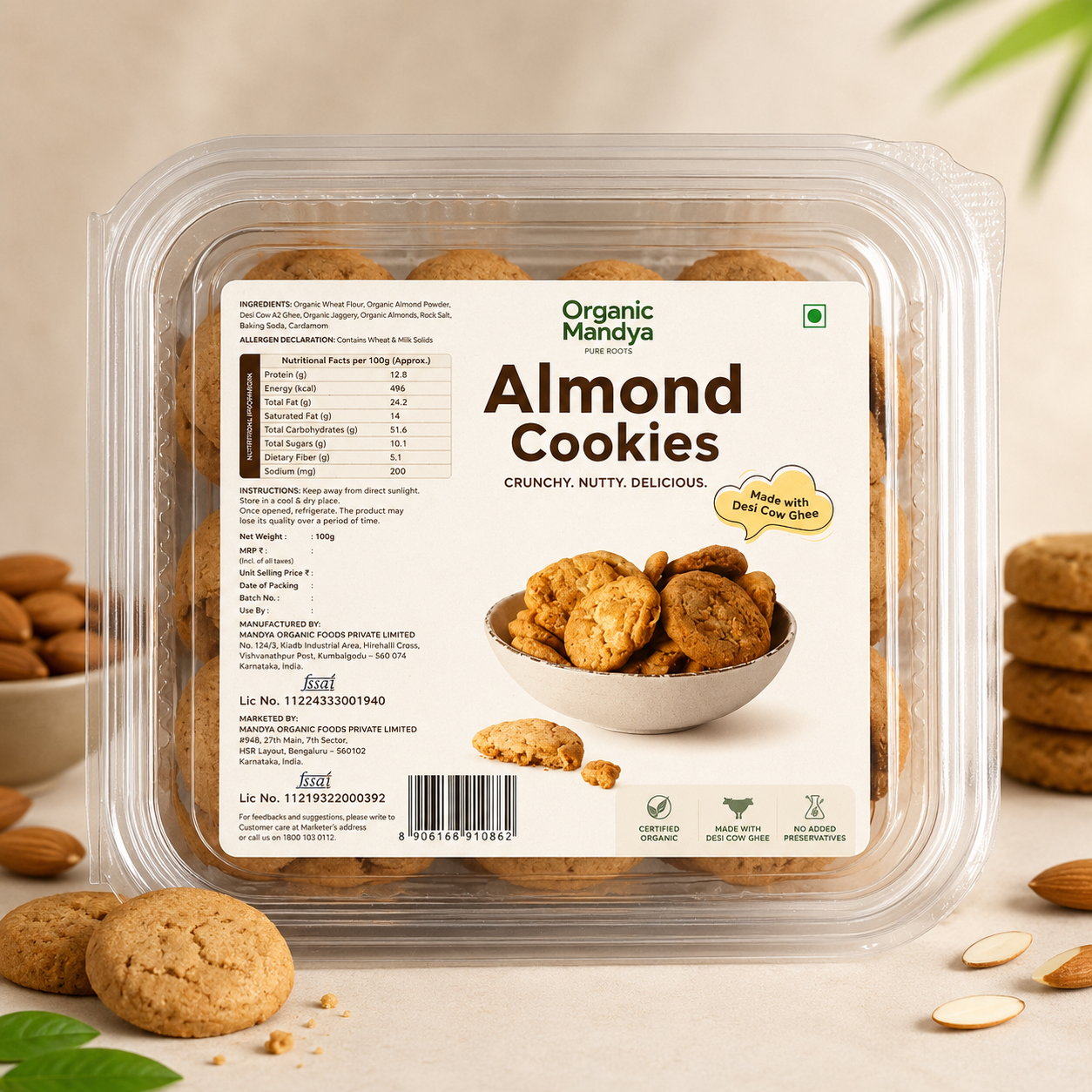 Organic Mandya Almond Cookies (100g) – Healthy Crunchy Badam Biscuits