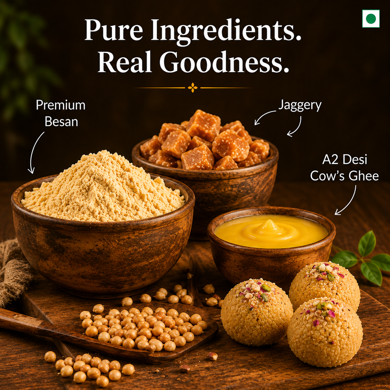 Besan Ladoo with Jaggery | A2 Desi Cow Ghee, No Refined Sugar (180G)