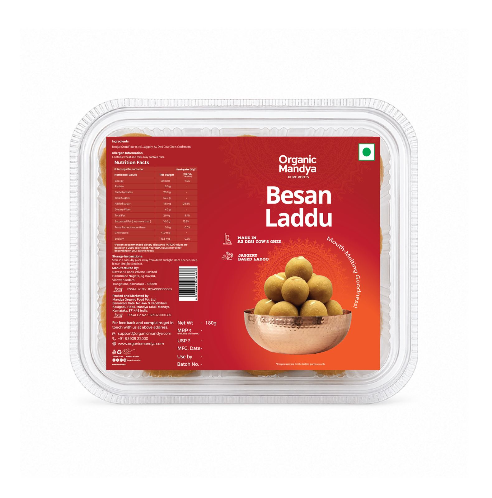 Besan Ladoo with Jaggery | A2 Desi Cow Ghee, No Refined Sugar (180G)