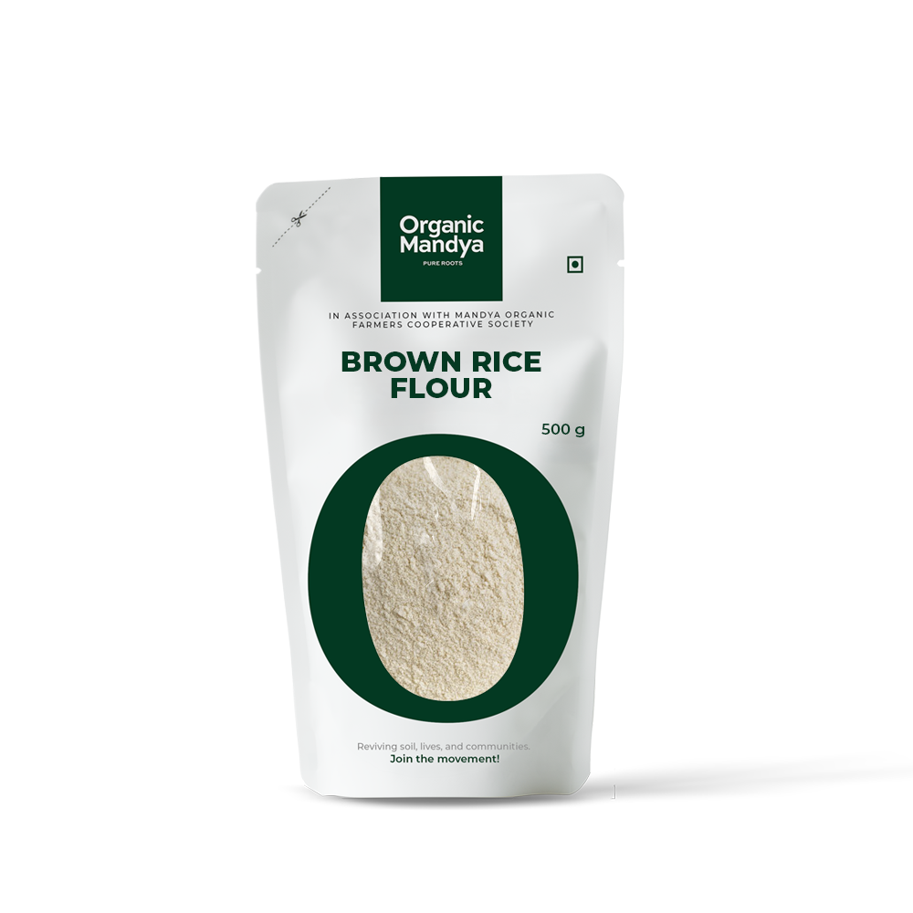 Brown rice flour (500g) front - Organic Mandya 