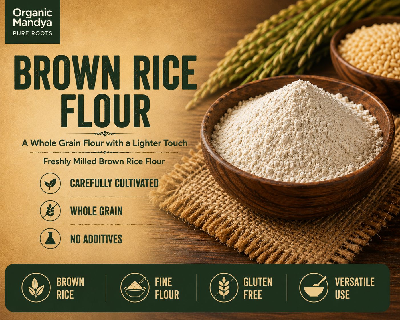Organic Mandya brown rice flour with whole grain, freshly milled, gluten-free, and versatile cooking features.
