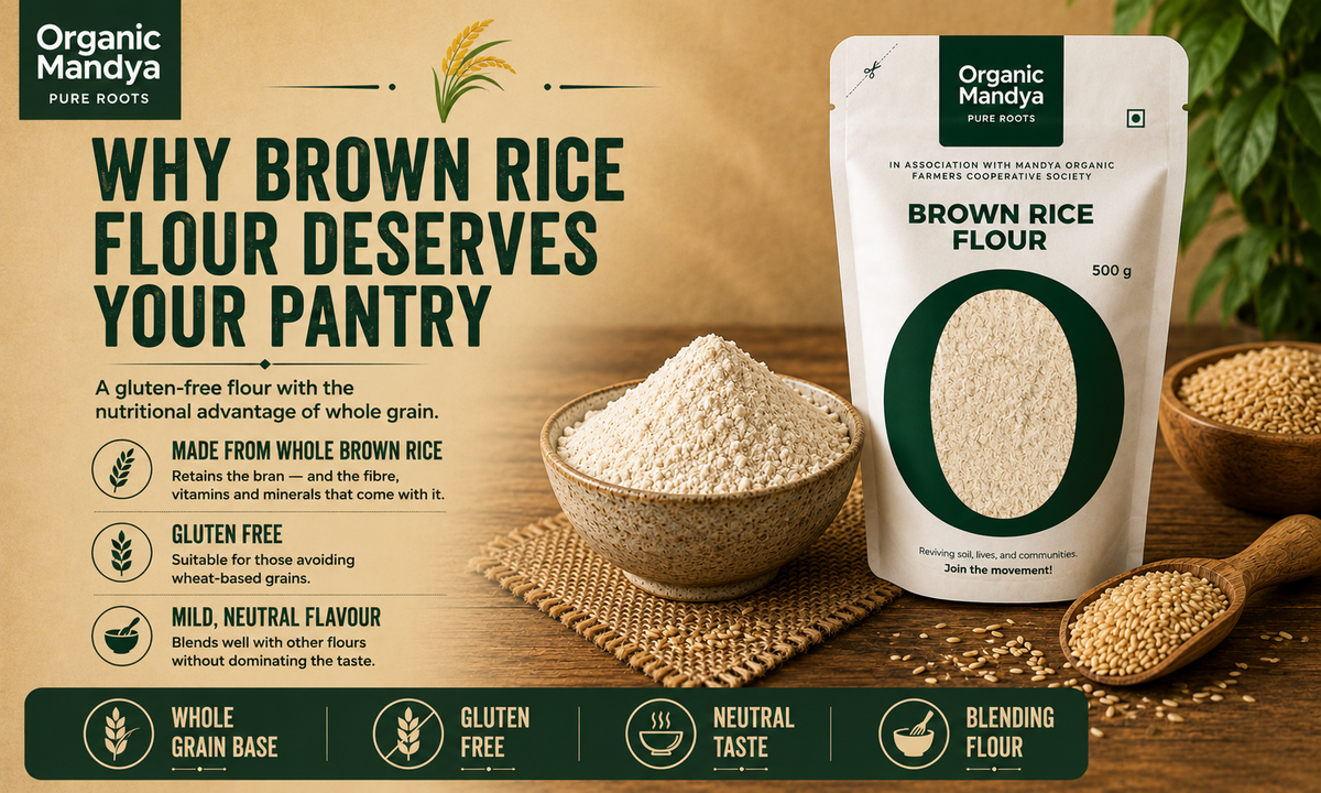 Organic Mandya Brown Rice Flour 500g pouch shown next to bowls of raw brown rice and flour on a rustic burlap mat, with promotional text on a warm beige background.