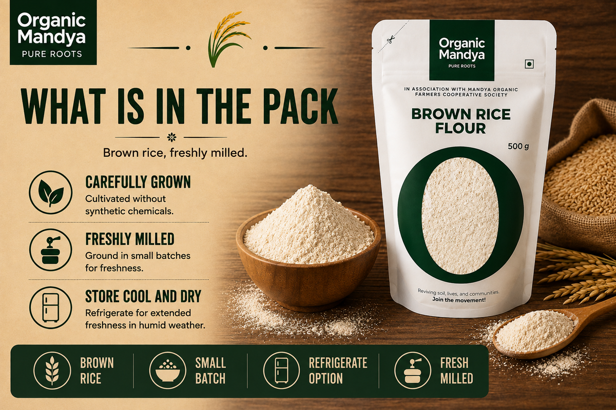 Organic Mandya Brown Rice Flour 500g pouch shown on a rustic wooden background with a bowl of flour, a spoonful of flour, and wheat imagery. The left side features product benefits text, and the bottom has feature icons.