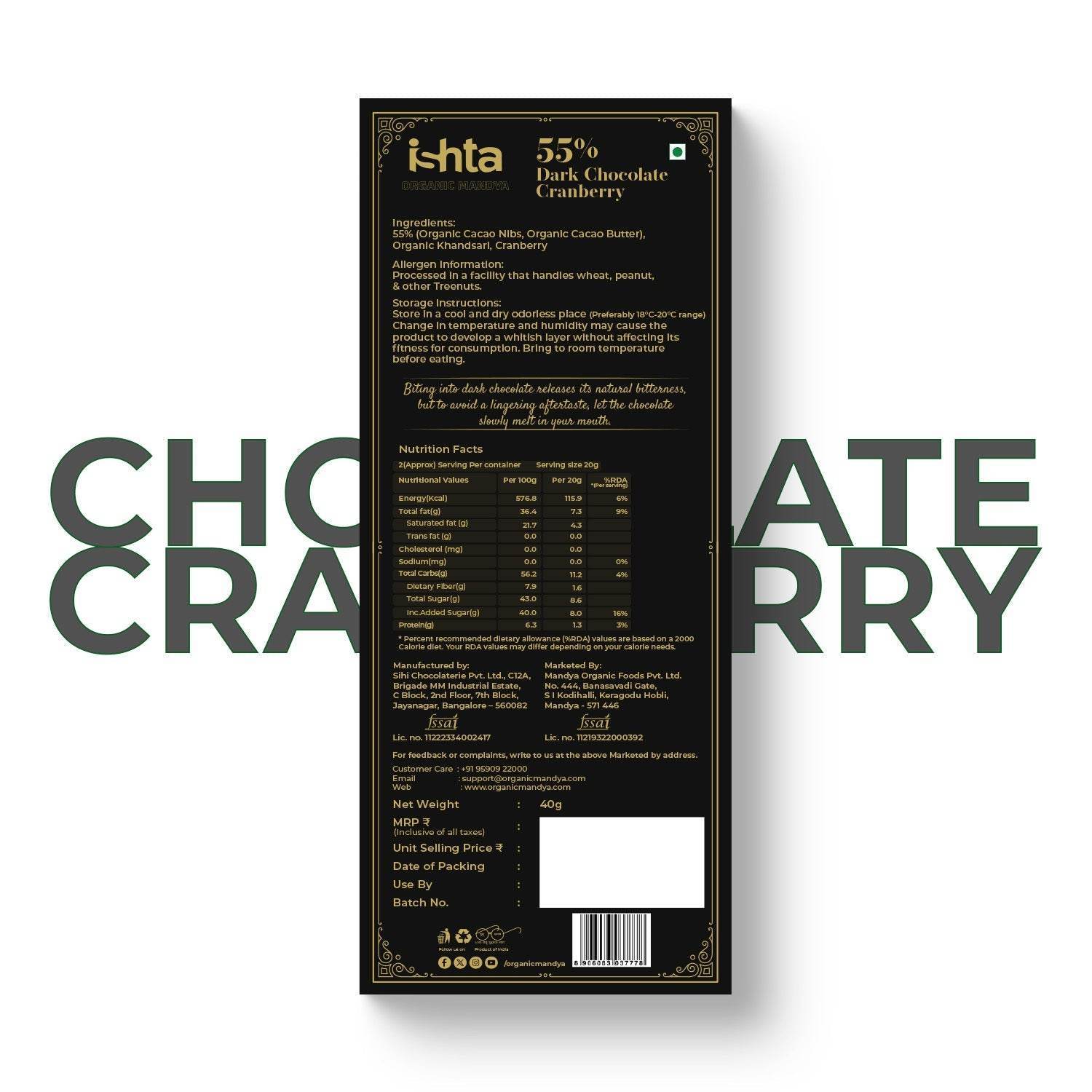 55% Dark chocolate with Cranberry (40g) - Organic Mandya