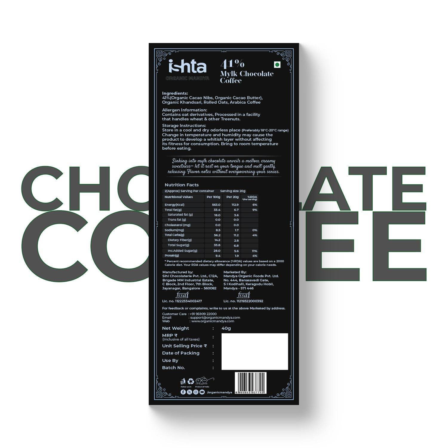 41% Mylk Chocolate with coffee (40g) - Organic Mandya