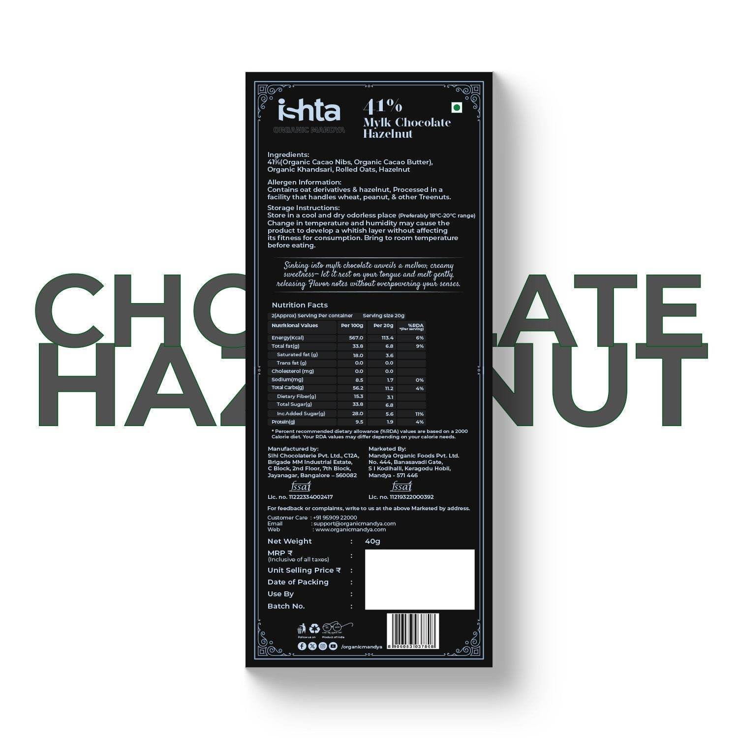 41% Mylk Chocolate with Hazelnut (40g) - Organic Mandya