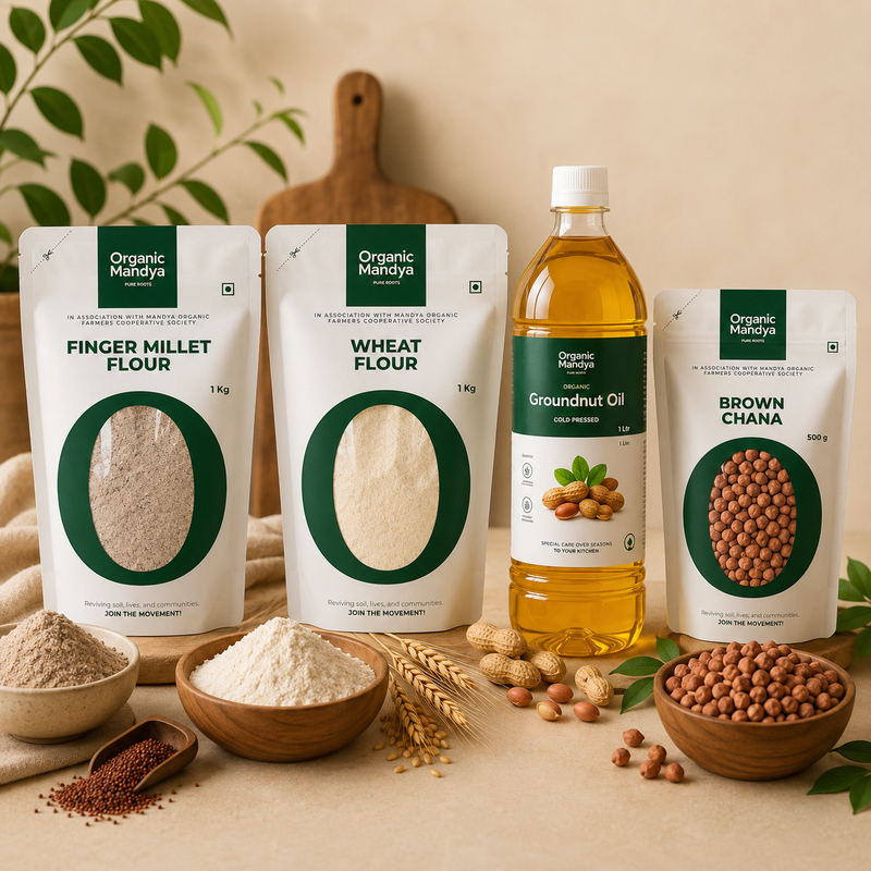 Organic Mandya Healthy Breakfast Combo 2 – Finger Millet Flour, Wheat Flour, Brown Chana & Cold Pressed Groundnut Oil