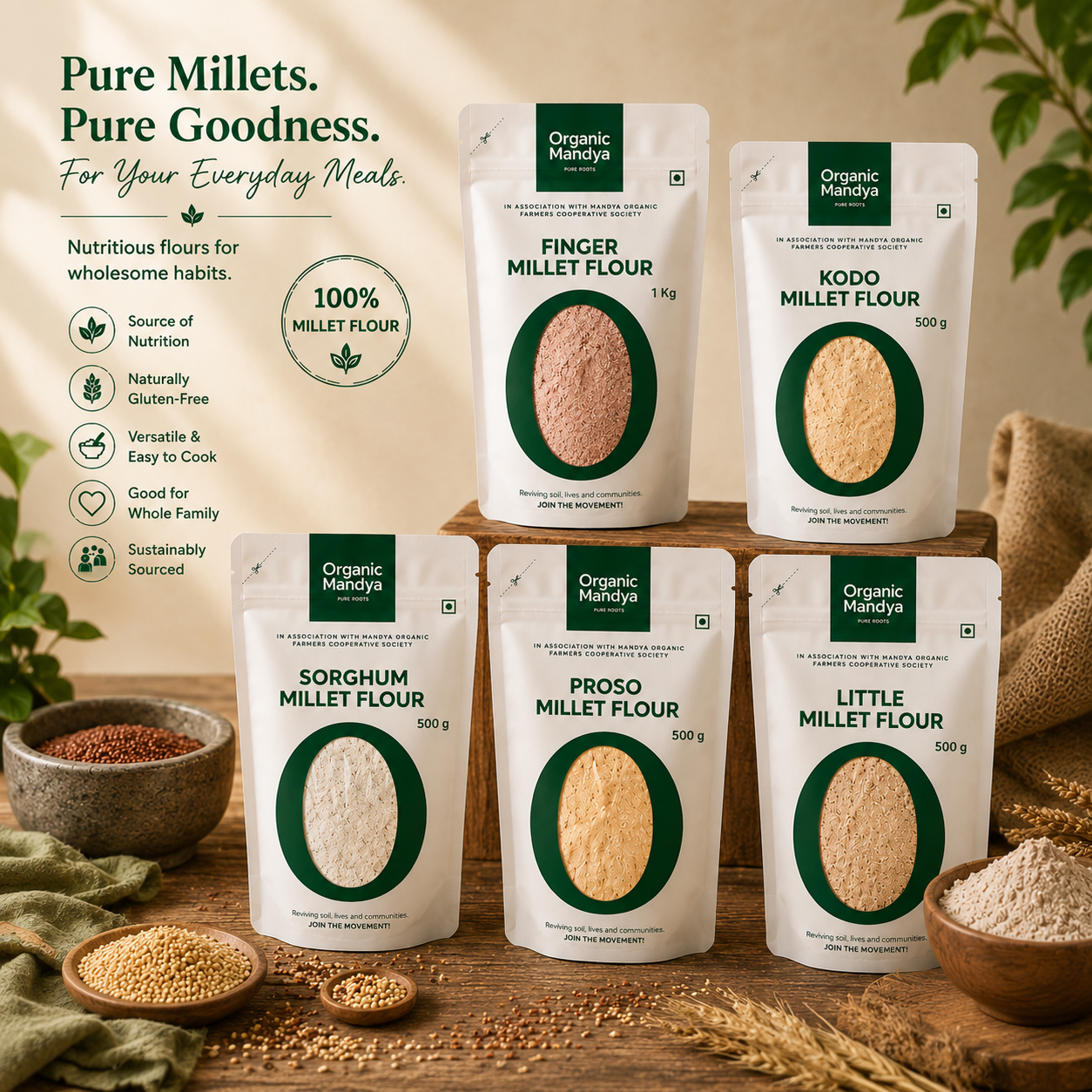 Organic Mandya  Healthy Millets Flour Combo – Kodo, Sorghum, Finger Millet, Proso & Little Millet Flour