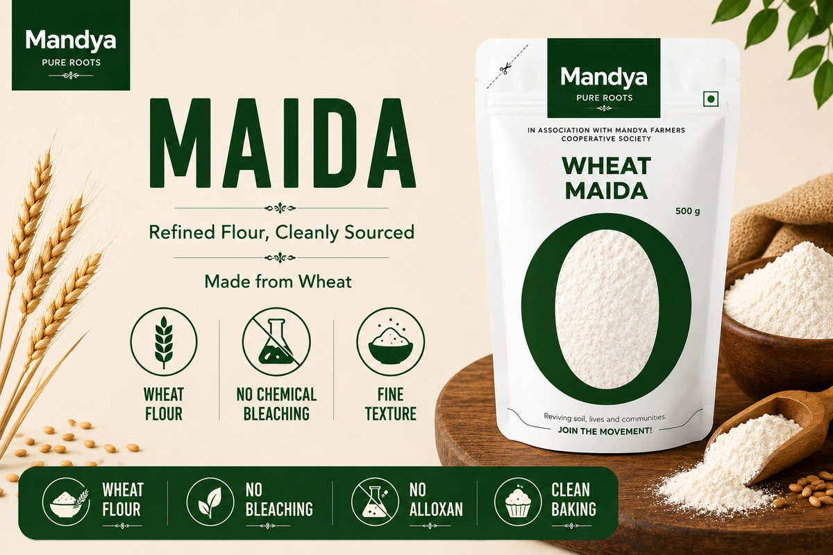 Maida Wheat Flour 500g pouch shown on a beige promotional background with wheat stalks, a wooden bowl of flour, spilled flour, and feature icons for wheat flour, no bleaching, fine texture, and clean baking.