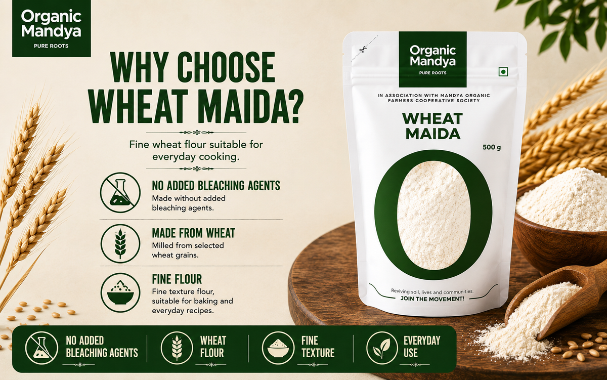 A 500 g stand-up pouch of Organic Mandya  Wheat Maida flour displayed on a wooden surface with scattered flour and wheat stalks. The left side features marketing text and icons explaining benefits like no added bleaching agents and fine texture.