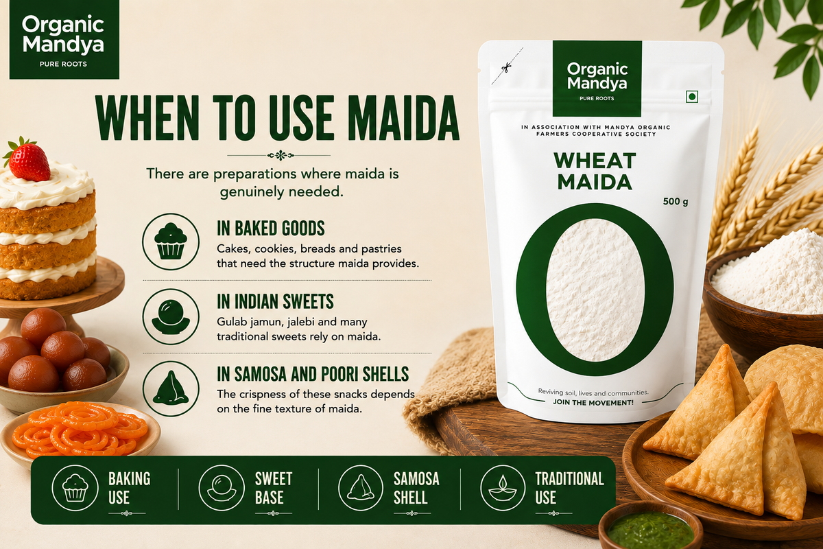 A promotional product graphic for Organic Mandya Wheat Maida. The image features a 500g stand-up pouch of white wheat flour on the right, set against a warm beige background with culinary illustrations and photos of food items like a layered cake, samosa, and sweets.