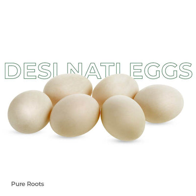 Wooden eggs with 'DESI NATI EGGS' text on a white background