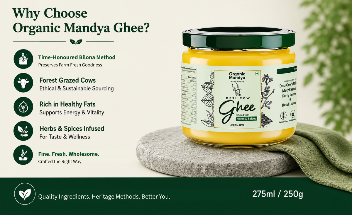 A jar of Organic Mandya Ghee Desi Cow, displayed on a stone slab with a green cloth. The left side features a text and icon list detailing the benefits of choosing organic mandya ghee, set against a light beige background with a dark green footer.