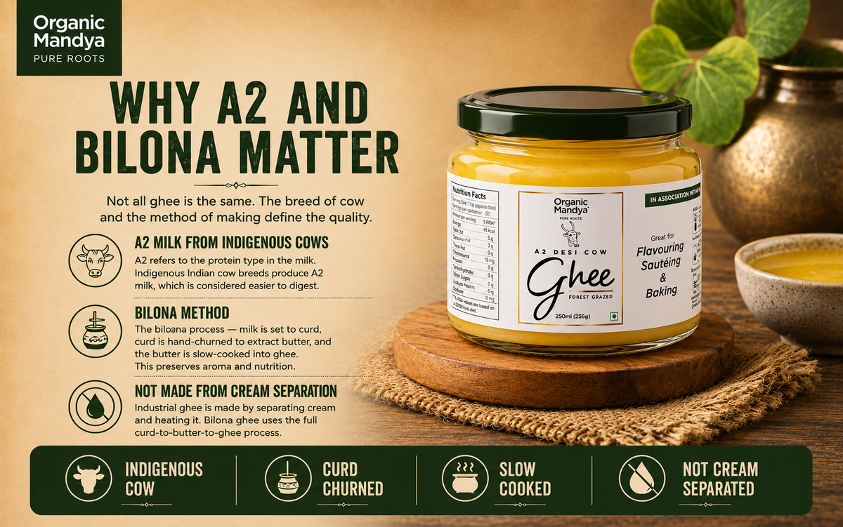 Infographic explaining why A2 milk and the bilona process matter for Desi A2 Cow Ghee, highlighting indigenous cows, curd churning, slow cooking, and non-cream separation.