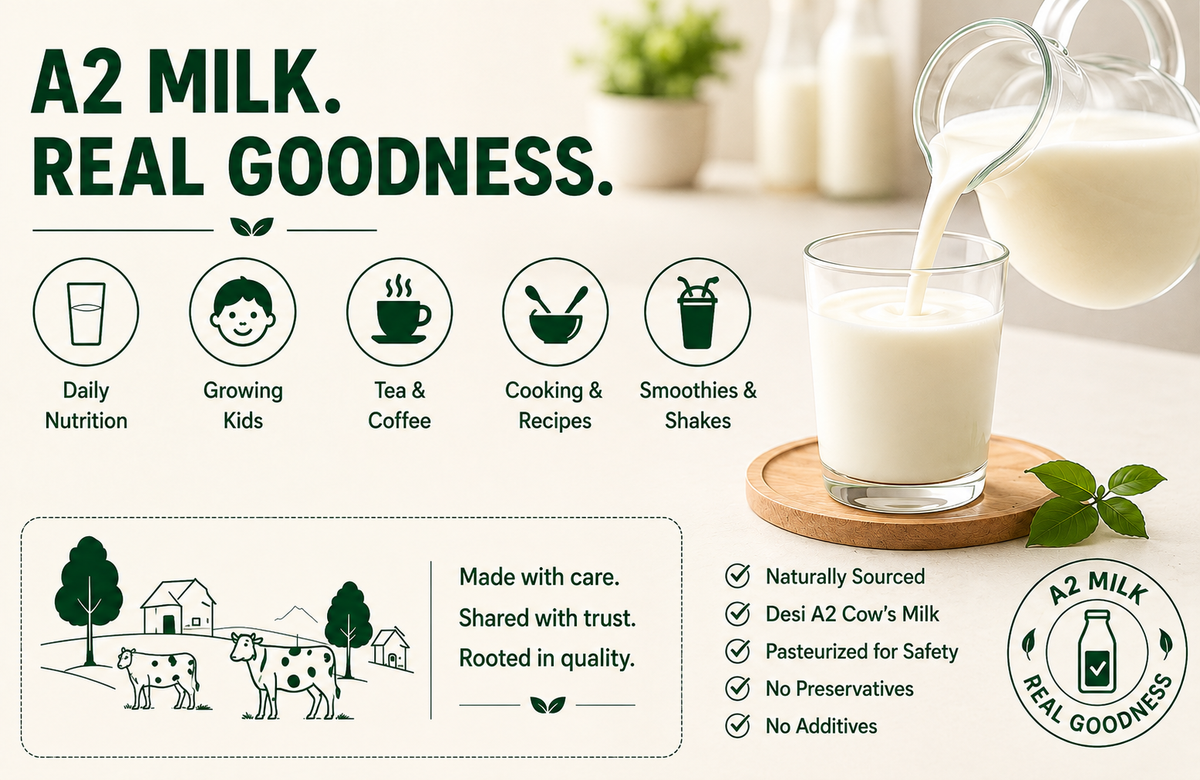 A2 milk for everyday nutrition and recipes infographic.