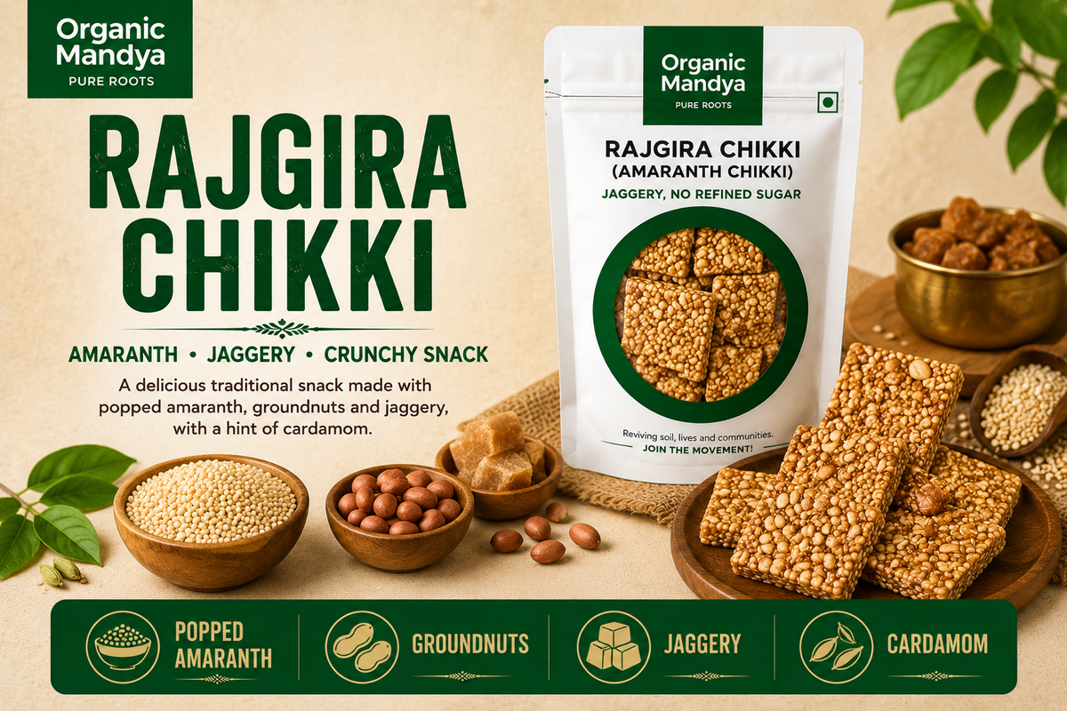 Organic Mandya Rajgira Chikki made with popped amaranth, groundnuts, jaggery and cardamom