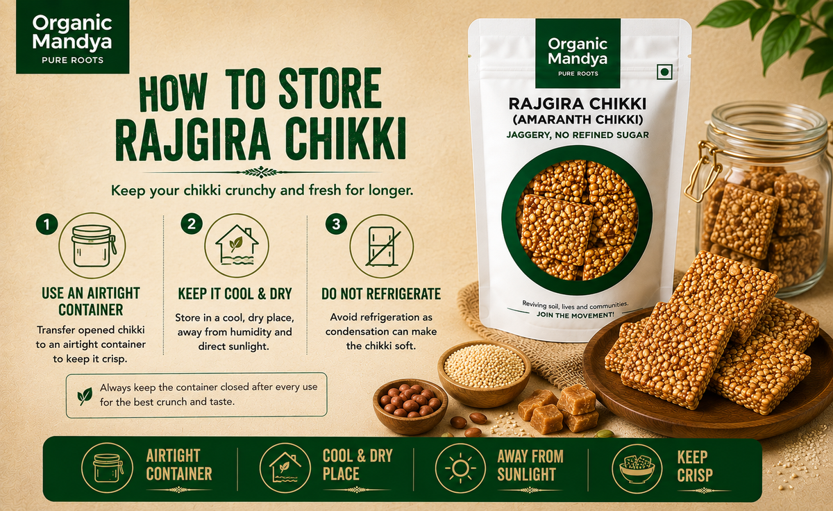 Organic Mandya Rajgira Chikki storage guide showing airtight, cool and dry storage away from sunlight