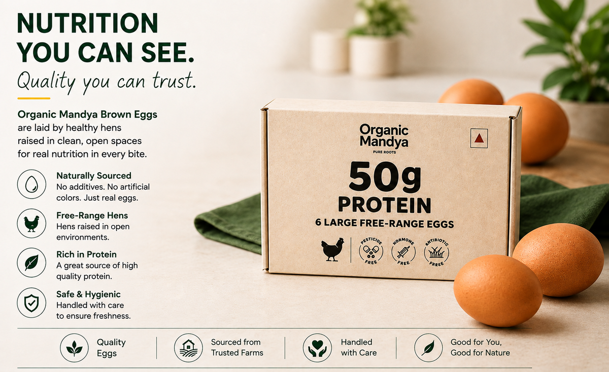 Infographic showcasing Organic Mandya Brown Eggs with protein benefits, free-range hens, hygienic handling, and trusted farm sourcing.