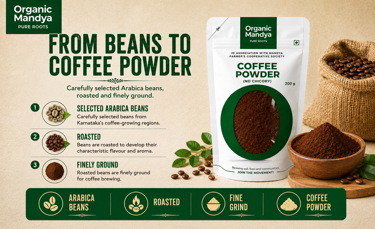 Organic Mandya Arabica Coffee Powder made from selected Arabica beans, roasted and finely ground