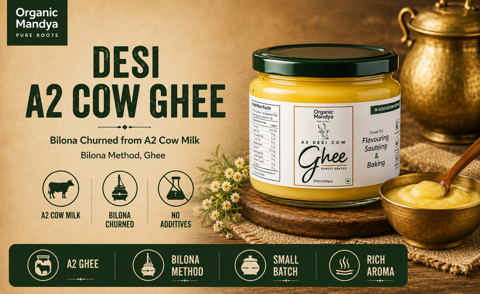 Product banner featuring Desi A2 Cow Ghee in a glass jar, highlighting bilona churning, A2 cow milk, no additives, and small-batch preparation.