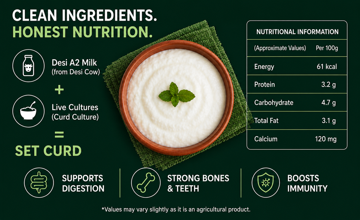 Desi A2 set curd infographic showing clean ingredients, nutritional information, and key health benefits including digestion, bone health, and immunity.