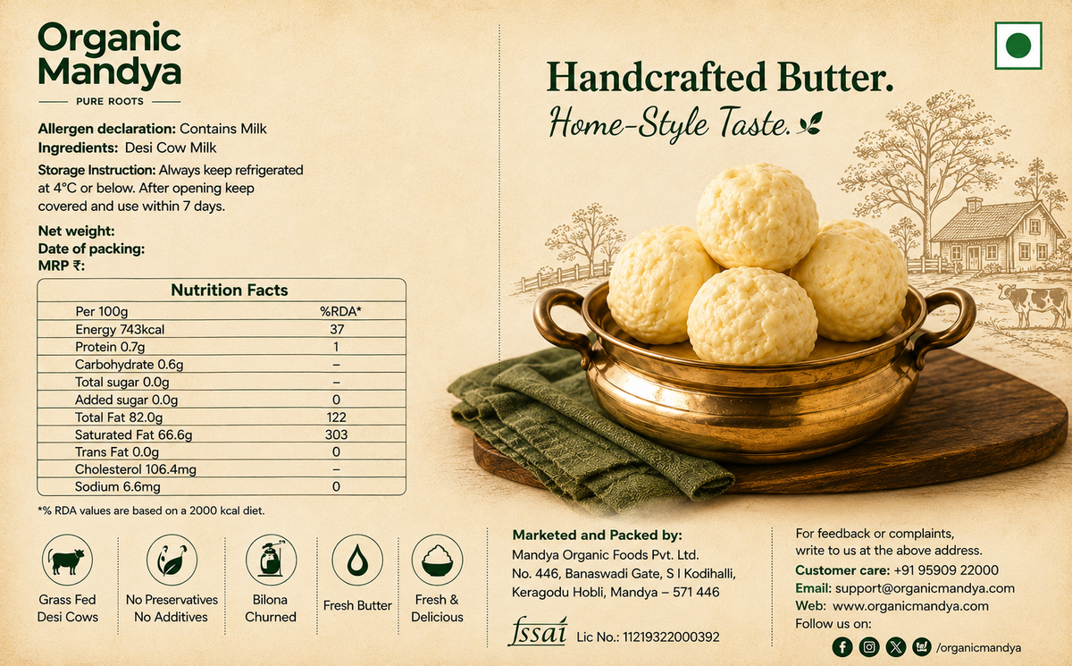 Packaging information panel for Desi Bilona Butter featuring nutrition facts, storage instructions, ingredients, bilona churning process, and product details.