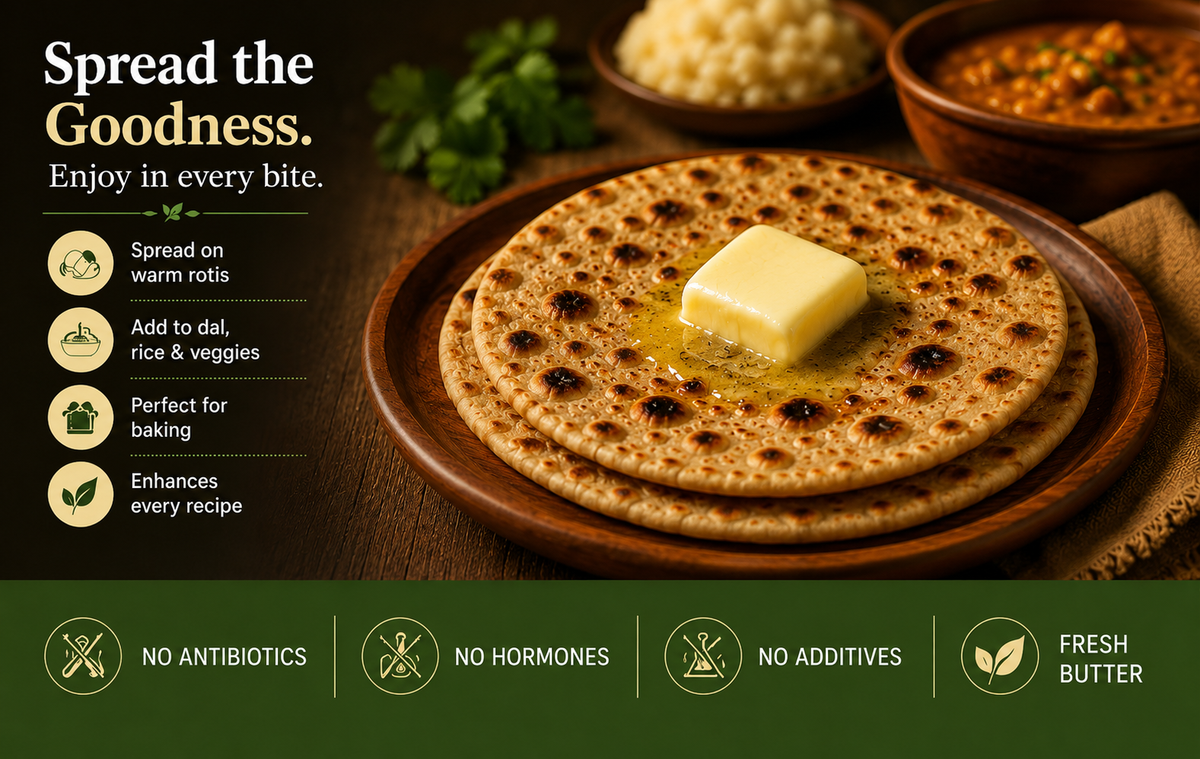 Desi butter served on a warm roti with serving suggestions, including rotis, dal, rice, vegetables, baking, and everyday cooking.