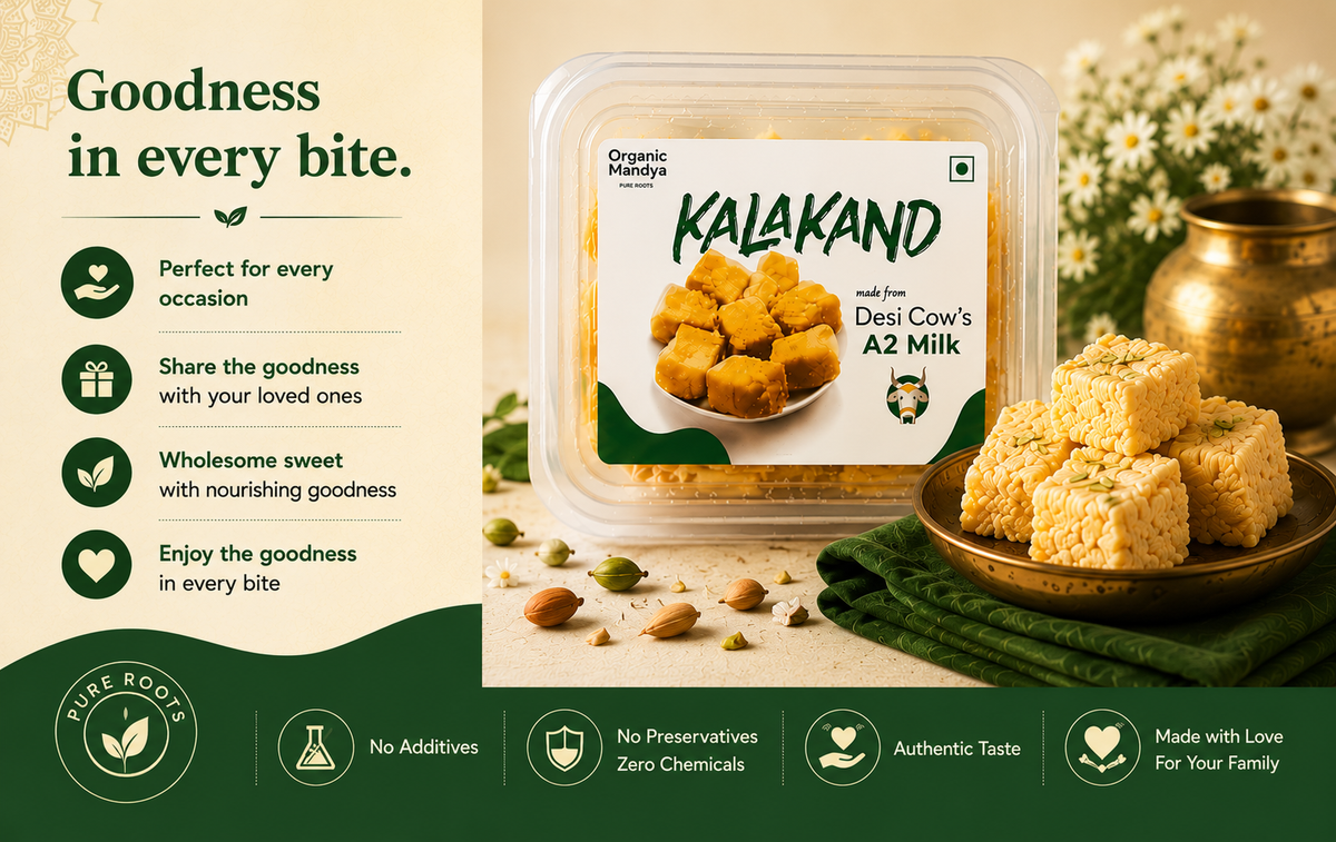 Lifestyle banner featuring Desi Cow A2 Milk Kalakand with serving suggestion, highlighting everyday enjoyment, no preservatives, no additives, and hygienically packed sweets.