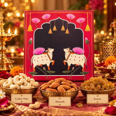 Organic Mandya Dry Fruit Hamper: cashews, almonds and raisins with the gift box