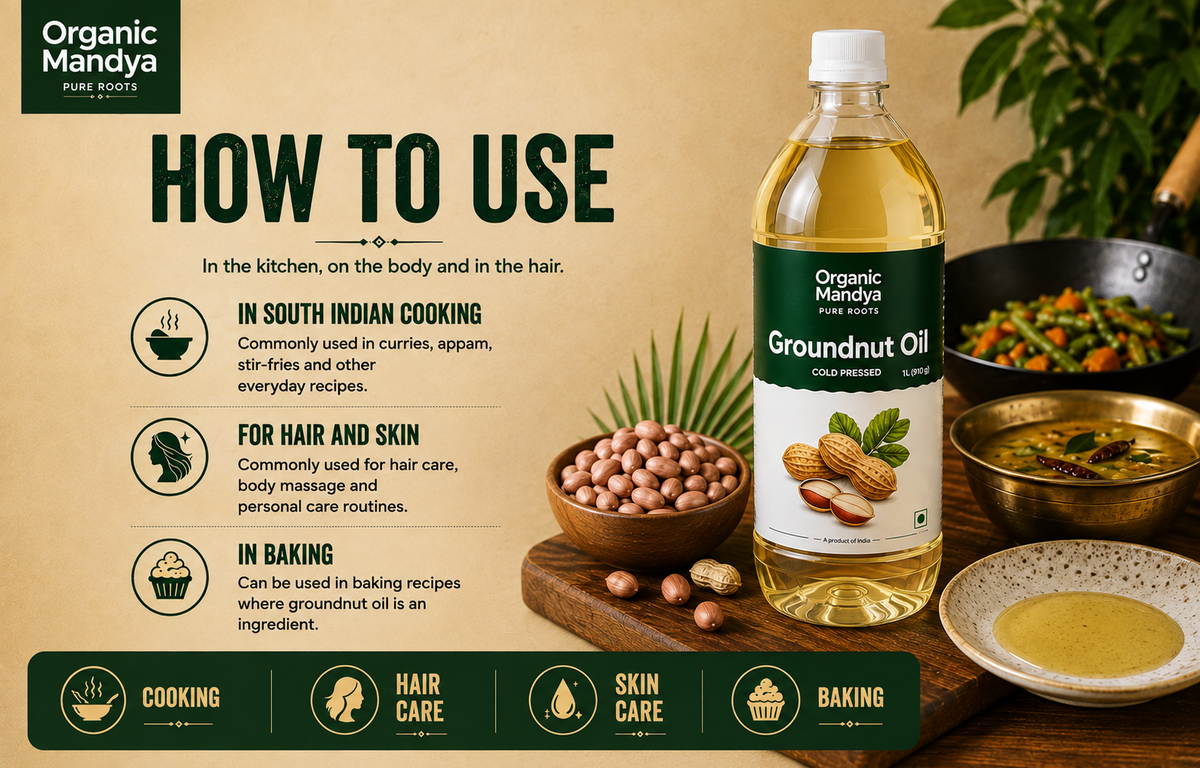 A bottle of Organic Mandya Groundnut Oil stands on a wooden surface beside peanuts, bowls of food, and a cooking pan, with a large 'HOW TO USE' infographic on a beige background.