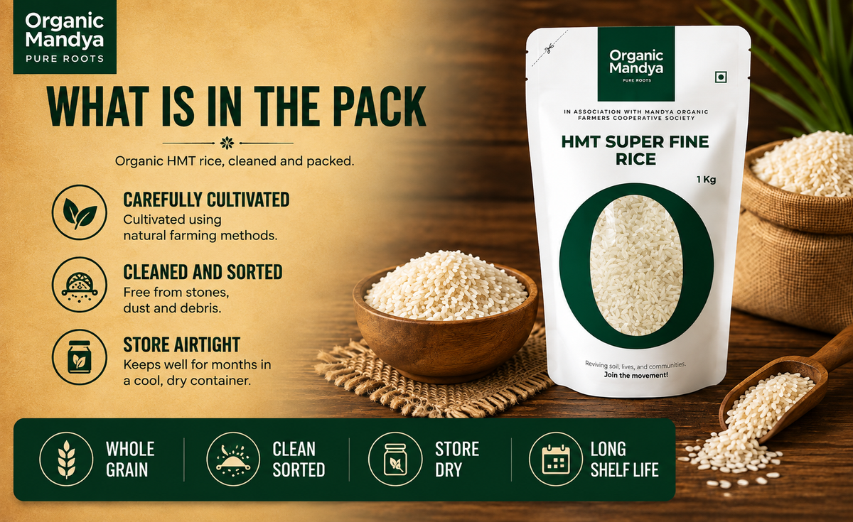 A stand-up pouch of Organic Mandya HMT Super Fine Rice displayed on a rustic wooden background with bowls of rice and text detailing product features and ingredients.