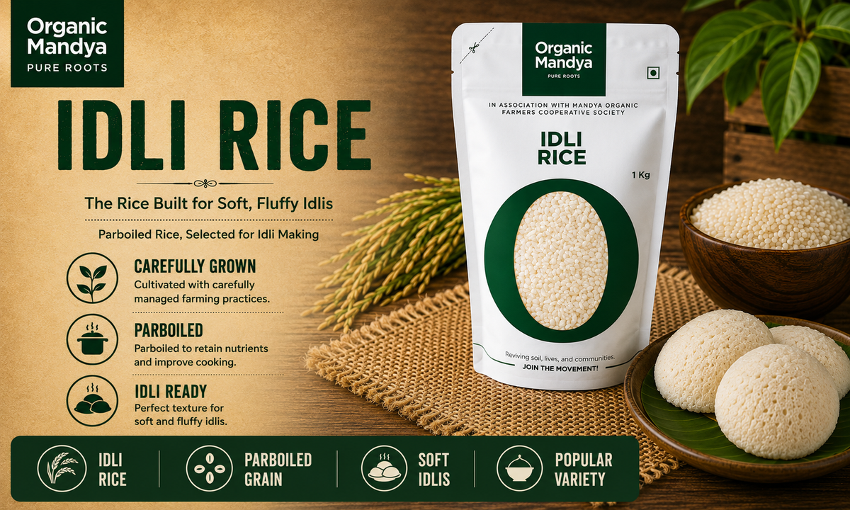 Organic Mandya Idli Rice pack with parboiled rice, soft idlis, and key product features displayed.