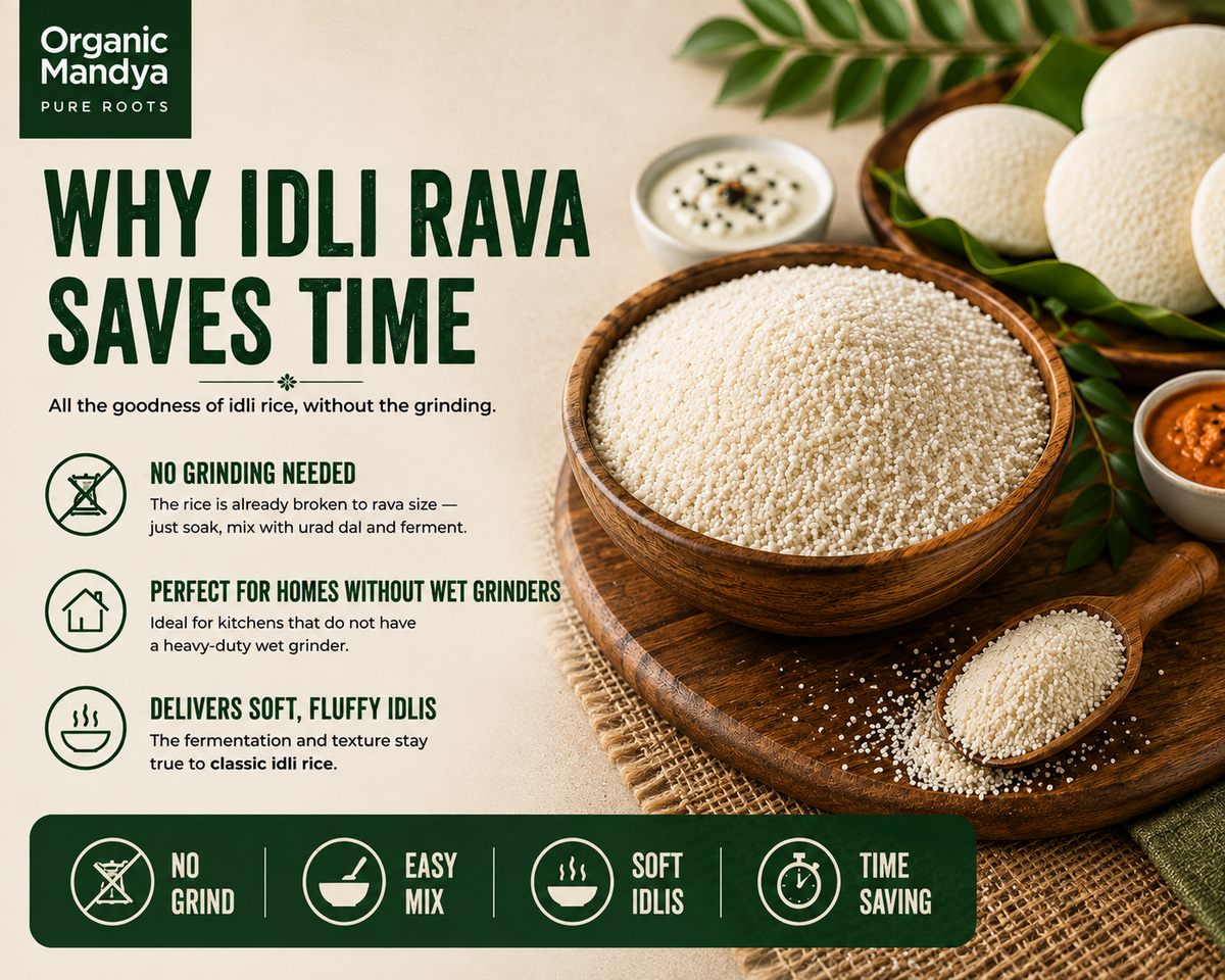 Organic Mandya Idli Rava highlighting time-saving preparation, easy mixing, and soft idlis.
