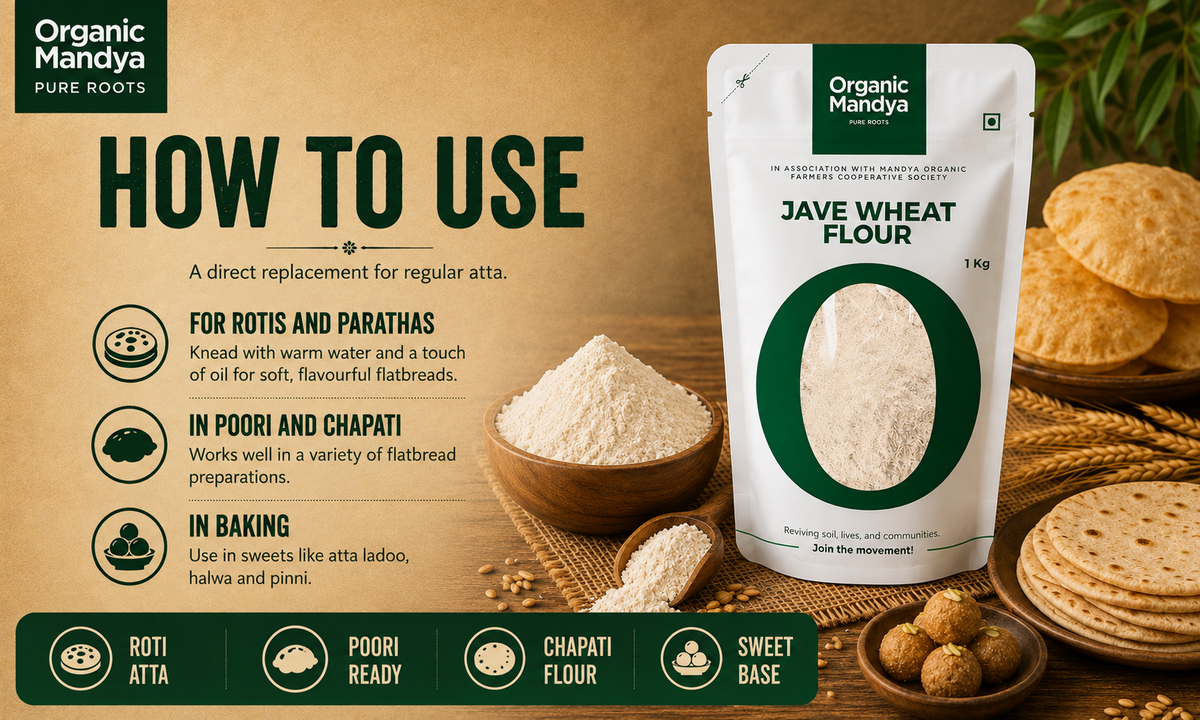 Organic Mandya Jave Wheat Flour usage guide for rotis, parathas, poori, chapati and baking applications.
