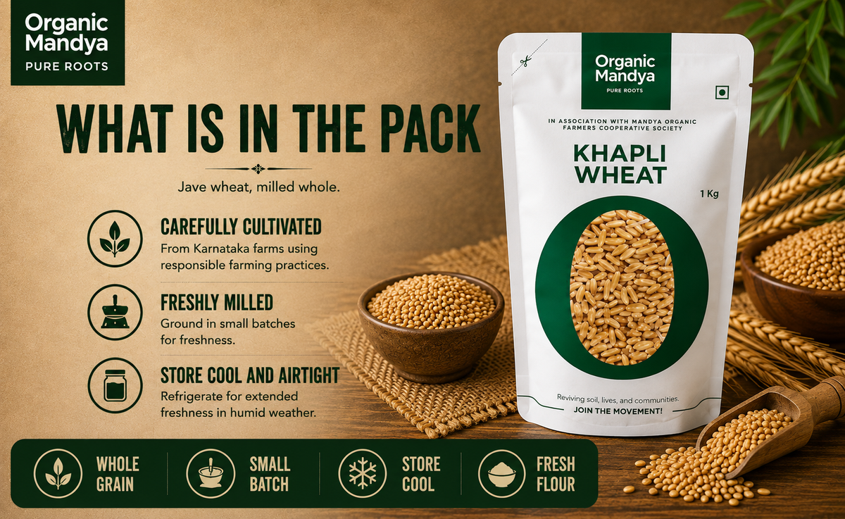 Khapli wheat flour pack showing whole grain flour, freshly milled features and storage instructions